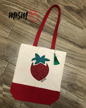 Bolsa de  lona beige y roja con diseño de fresa MBM strawberry