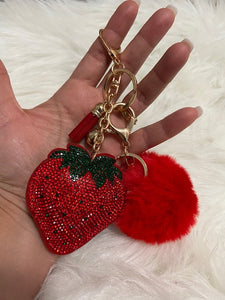 Keychain Rhinestone Strawberry Keychain Pendant Bell Tassel Accessories Car Key Bag Fruit Charm with cute Pom Pom