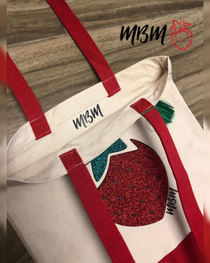 Bolsa de  lona beige y roja con diseño de fresa MBM strawberry